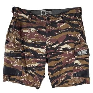 Salty Crew Mens Tiger Stripe Camo Fish Print Cargo Shorts Brown Size 32